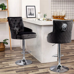 Luxury Black Velvet Swivel Bar Stool With Lion Knocker & Cross Stitch High Back