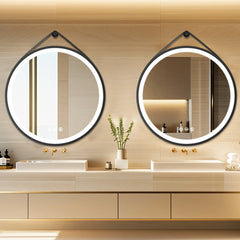 Round 700mm LED Bathroom Mirror with Leather Strap - Anti-Fog Dimmable Backlit Vanity Mirror - Wall Hanging Lighted Mirror
