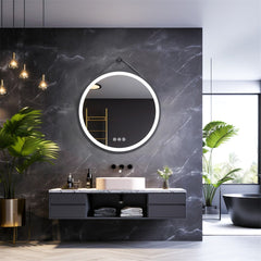 Round 700mm LED Bathroom Mirror with Leather Strap - Anti-Fog Dimmable Backlit Vanity Mirror - Wall Hanging Lighted Mirror