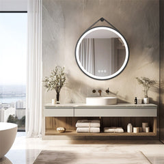 Round 700mm LED Bathroom Mirror with Leather Strap - Anti-Fog Dimmable Backlit Vanity Mirror - Wall Hanging Lighted Mirror