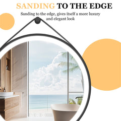 Round 700mm LED Bathroom Mirror with Leather Strap - Anti-Fog Dimmable Backlit Vanity Mirror - Wall Hanging Lighted Mirror