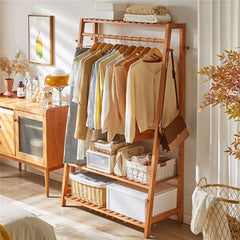 Bamboo Clothes Hanging Garment Rack Portable Laundry Rack Closet Storage Shelves