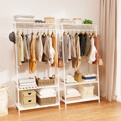 Large White Bamboo Garment Clothes Rack Shoes Coats Shelf w/ 3 Shelves & 10 Hook