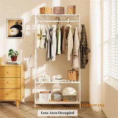 Large White Bamboo Garment Clothes Rack Shoes Coats Shelf w/ 3 Shelves & 10 Hook