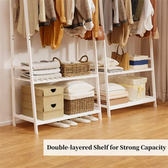 Large White Bamboo Garment Clothes Rack Shoes Coats Shelf w/ 3 Shelves & 10 Hook
