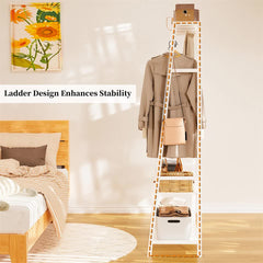 Large White Bamboo Garment Clothes Rack Shoes Coats Shelf w/ 3 Shelves & 10 Hook