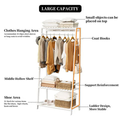 Large White Bamboo Garment Clothes Rack Shoes Coats Shelf w/ 3 Shelves & 10 Hook