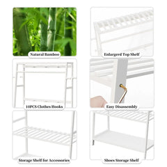Large White Bamboo Garment Clothes Rack Shoes Coats Shelf w/ 3 Shelves & 10 Hook