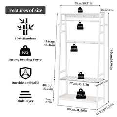 Large White Bamboo Garment Clothes Rack Shoes Coats Shelf w/ 3 Shelves & 10 Hook