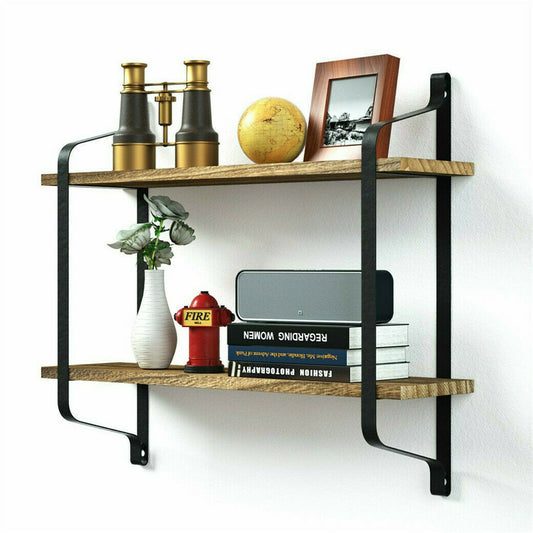 2 Layer Wood Wall Shelves Home Decor Floating Shelf Metal Hanging Storage Rack