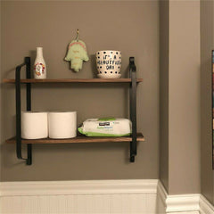 2 Layer Wood Wall Shelves Home Decor Floating Shelf Metal Hanging Storage Rack
