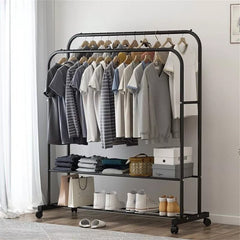 Heavy Thicken Metal Double Clothes Rail Sturdy Open Hanging Shelf Storage Rack