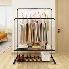 Heavy Thicken Metal Double Clothes Rail Sturdy Open Hanging Shelf Storage Rack