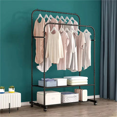 Heavy Thicken Metal Double Clothes Rail Sturdy Open Hanging Shelf Storage Rack