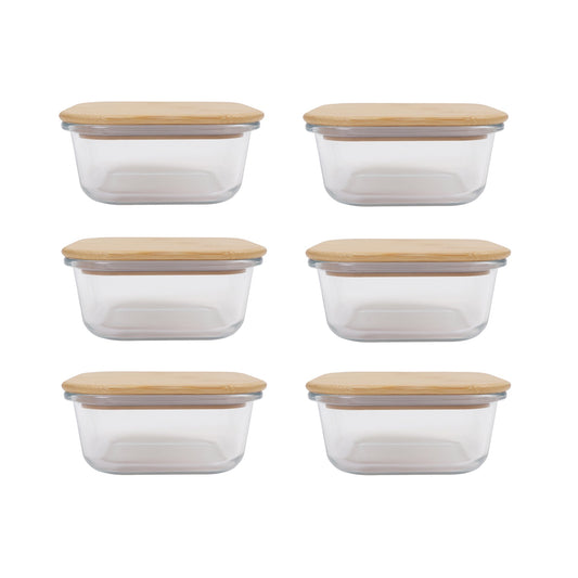 6 Pcs Medium Bamboo Food Containers – Clear Glass with Bamboo Lids