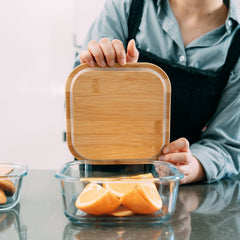 6 Pcs Medium Bamboo Food Containers – Clear Glass with Bamboo Lids