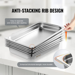 6 Pack Hotel Pans, Full Size Anti-Jam Steam Pan, 0.8mm Thick Stainless Steel Restaurant Steam Table Pan, 2.5-Inch Deep Commercial Table Pan, Catering Storage Food Pan, for Industrial & Scientifi