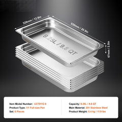 6 Pack Hotel Pans, Full Size Anti-Jam Steam Pan, 0.8mm Thick Stainless Steel Restaurant Steam Table Pan, 2.5-Inch Deep Commercial Table Pan, Catering Storage Food Pan, for Industrial & Scientifi