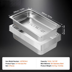 6 Pack Hotel Pans, Full Size Anti-Jam Steam Pan, 0.8mm Thick Stainless Steel Restaurant Steam Table Pan, 4-Inch Deep Commercial Table Pan, Catering Storage Food Pan, for Industrial & Scientific