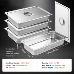4 Pack Hotel Pans, Full Size Anti-Jam Steam Pan with Lid, 0.8mm Thick Stainless Steel Steam Table Pan, 4-Inch Deep Commercial Table Pan, Catering Storage Food Pan, for Industrial & Scientific