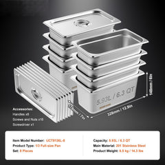 8 Pack Hotel Pans, 1/3 Size Anti-Jam Steam Pan with Lid, 0.8mm Thick Stainless Steel Steam Table Pan, 6-Inch Deep Commercial Table Pan, Catering Storage Food Pan, for Industrial & Scientific
