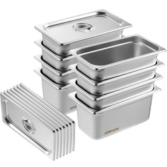 8 Pack Hotel Pans, 1/3 Size Anti-Jam Steam Pan with Lid, 0.8mm Thick Stainless Steel Steam Table Pan, 6-Inch Deep Commercial Table Pan, Catering Storage Food Pan, for Industrial & Scientific