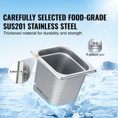 6 Pack Hotel Pans, 1/6 Size Anti-Jam Steam Pan, 0.8mm Thick Stainless Steel Restaurant Steam Table Pan, 6-Inch Deep Commercial Table Pan, Catering Storage Food Pan, for Industrial & Scientific