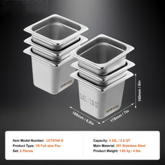 6 Pack Hotel Pans, 1/6 Size Anti-Jam Steam Pan, 0.8mm Thick Stainless Steel Restaurant Steam Table Pan, 6-Inch Deep Commercial Table Pan, Catering Storage Food Pan, for Industrial & Scientific