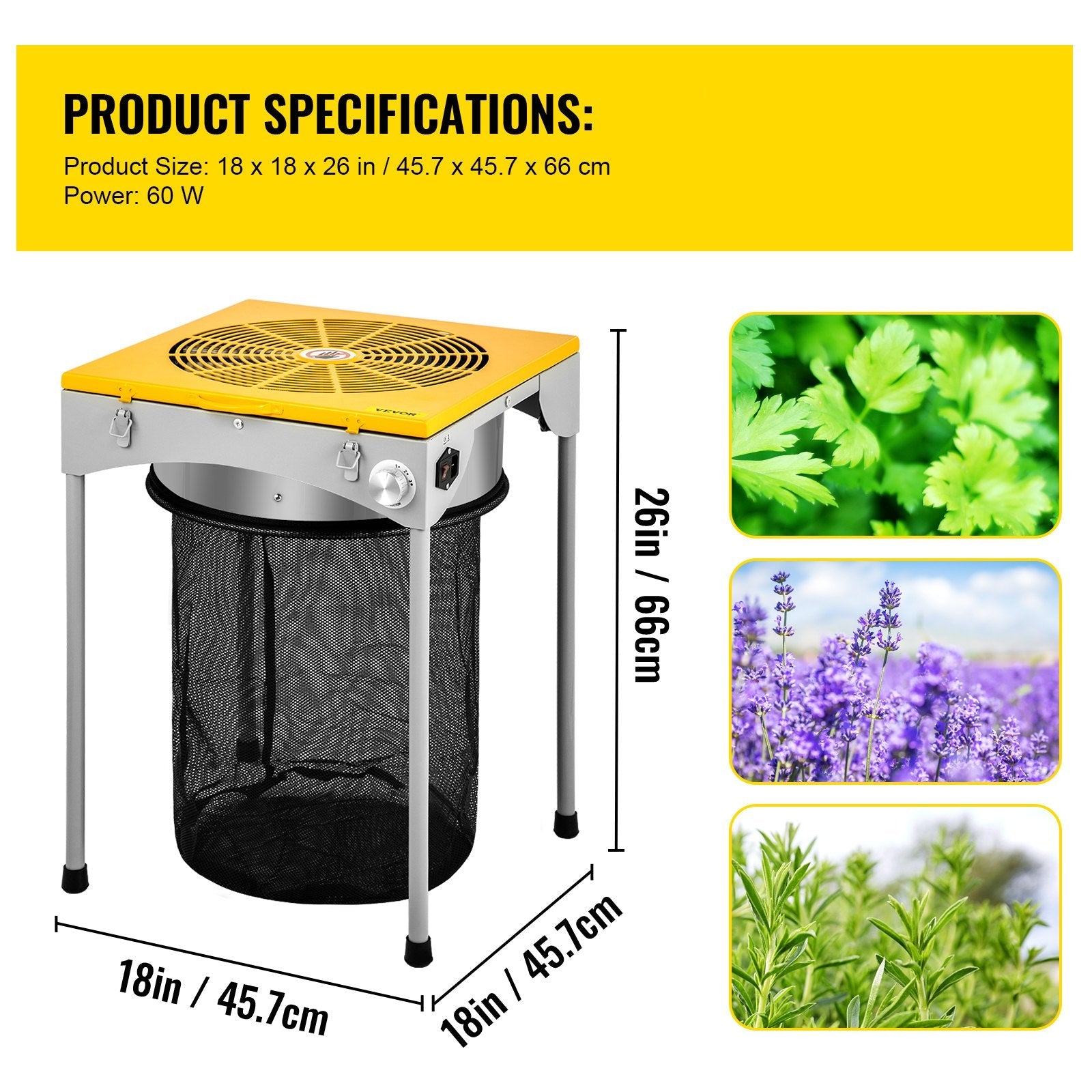 Vevor product with specifications and images of plants on a yellow background