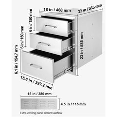 18x23 Inch Outdoor Kitchen Stainless Steel Triple Access BBQ Drawers with Chrome Handle, 18 x23 x 23 Inch