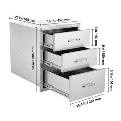 18x23 Inch Outdoor Kitchen Stainless Steel Triple Access BBQ Drawers with Chrome Handle, 18 x23 x 23 Inch