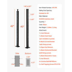 Cable Railing Post, 106.7x2.5x5 cm Level Deck Stair Posts, 1-Pack Stainless Steel Cable Handrail Post, Pre-Drilled Pickets with Mounting Bracket Stair Railing Kit, Black, 1JZLGZXHS1063GGTD001V0