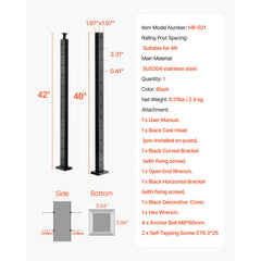 Cable Railing Post, 106.7x5x5cm Level Deck Stair Posts, 1-Pack Stainless Steel Cable Handrail Post, Pre-Drilled Pickets with Mounting Bracket Stair Railing Kit, Black, 1JZLGZXHS106AWJO6001V0