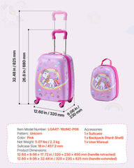 Kids Luggage Set, 2 Piece, 45.7 cm Hardside Rolling Wheels Suitcase with Hard-Shell Backpack, Unicorn Kids Carry on Luggage Set, Holiday Birthday Present for Girls & Boys, Airline Approved