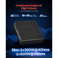 Car Audio Amplifier, 2-Channel Bridgeable Car Amplifier, Full-Range Class AB Stereo Amp, Max. 2 x 300W at 4 Ohms / 2 x 600W at 2 Ohms, High Output, for SUVs, Pickups, and Off-Road Vehicles