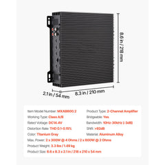 Car Audio Amplifier, 2-Channel Bridgeable Car Amplifier, Full-Range Class AB Stereo Amp, Max. 2 x 300W at 4 Ohms / 2 x 600W at 2 Ohms, High Output, for SUVs, Pickups, and Off-Road Vehicles