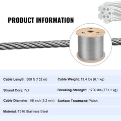 1/8 Stainless Steel Cable Railing 500ft, Wire Rope 316 Marine Grade, Braided Aircraft Cable 7x7 Strands Construction for Deck Rail Balusters Stair Handrail Porch Fence
