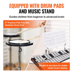 32 Note Glockenspiel Xylophone Bell Kit, Professional Percussion Instrument Set with Mallets, Drum Sticks, Music Stand, 8" Practice Pad, Adjustable Stand and Carrying Bag for Students & Adults