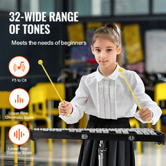 32 Note Glockenspiel Xylophone Bell Kit, Professional Percussion Instrument Set with Mallets, Drum Sticks, Music Stand, Adjustable Stand and Carrying Bag for Students & Adults