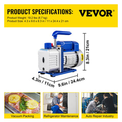 3CFM 84 L/M 1-Stage, Refrigerant Vacuum Pump Refrigeration Gauges A/C Air Conditioning 1440 RPM 1/4 HP, 3 pcs hoses 800 PSI Refrigeration Gauges