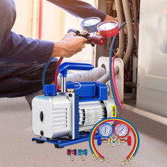 3CFM 84 L/M 1-Stage, Refrigerant Vacuum Pump Refrigeration Gauges A/C Air Conditioning 1440 RPM 1/4 HP, 3 pcs hoses 800 PSI Refrigeration Gauges