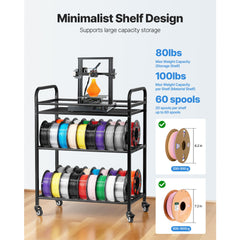 3D Printer Filament Storage Rack, 3 Tier Heavy Duty Storage Shelf, Rolling Filament Spool Holders Racks with Wheels, Filaments Organzied for 3D Printing Station, Office, Workshop (Shelf Only)
