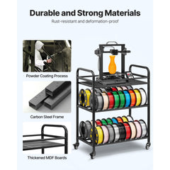 3D Printer Filament Storage Rack, 3 Tier Heavy Duty Storage Shelf, Rolling Filament Spool Holders Racks with Wheels, Filaments Organzied for 3D Printing Station, Office, Workshop (Shelf Only)