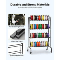 3D Printer Filament Storage Rack, 4 Tier Heavy Duty Storage Shelf, Rolling Filament Spool Holders Racks with Wheels, Filaments Organzied for 3D Printing Station, Office, Workshop (Shelf Only)