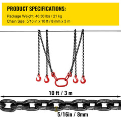 Chain Sling 5/16" X 10' Engine Lift Chain G80 Alloy Steel Engine Chain Hoist Lifts 3 Ton with 4 Leg Grab Hooks and Adjuster