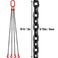 Chain Sling 5/16" X 10' Engine Lift Chain G80 Alloy Steel Engine Chain Hoist Lifts 3 Ton with 4 Leg Grab Hooks and Adjuster
