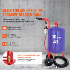 10Gal/40L Sandblaster Equipped w/Nozzle Shut-Off Valve Pressure Gauge Ceramic Nozzle Rubber Wheels Grit Power Sand Blasters Portable Sandblasting Equipment