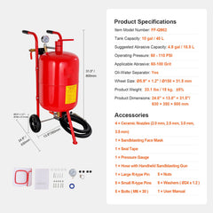 10Gal/40L Sandblaster Equipped w/Nozzle Shut-Off Valve Pressure Gauge Ceramic Nozzle Rubber Wheels Grit Power Sand Blasters Portable Sandblasting Equipment