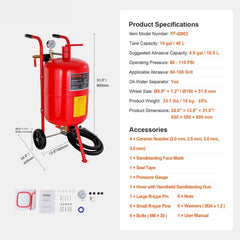 10Gal/40L Sandblaster Equipped w/Nozzle Shut-Off Valve Pressure Gauge Ceramic Nozzle Rubber Wheels Grit Power Sand Blasters Portable Sandblasting Equipment
