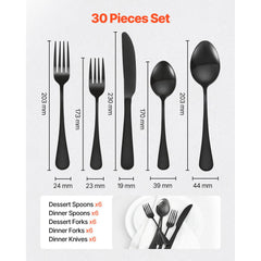 30-Piece Black Silverware Set, Food-Grade Stainless Steel Flatware Utensils for 6, Mirror Finished Cutlery Set, Dishwasher Safe Eating Tableware for Kitchen Home, Include Knife Fork Spoon